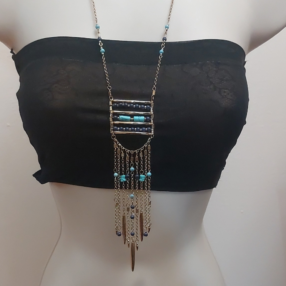 Bohemian Beaded Abacus Style Pendant with Fringes Gold Tone Statement Necklace